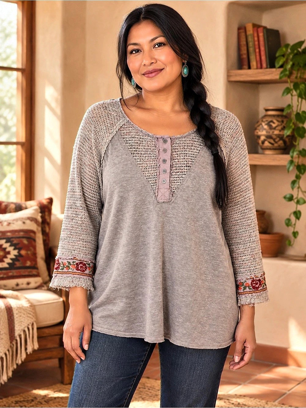 Umgee Gray Henley Knit Top with Embroidered Floral Cuff